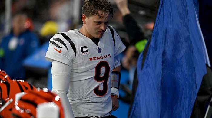 Joe Burrow on the sideline after injuring his wrist.